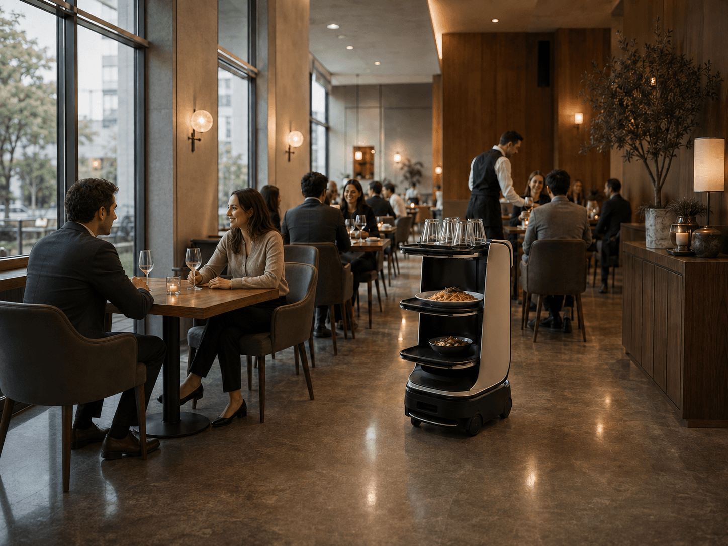 Illustrative Darstellung eines Servierroboters im Restaurantbetrieb